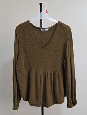 Sonoma Olive V-Neck Smocked Peasant Blouse
